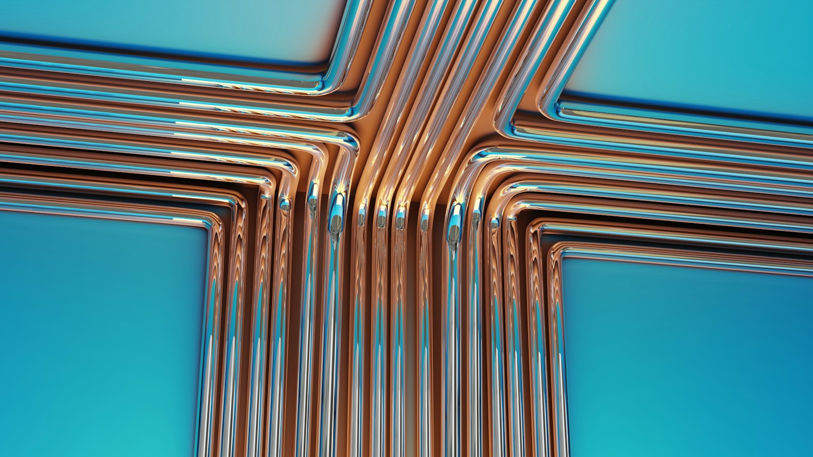 Copper pipes arranged in a cross shape against a blue background