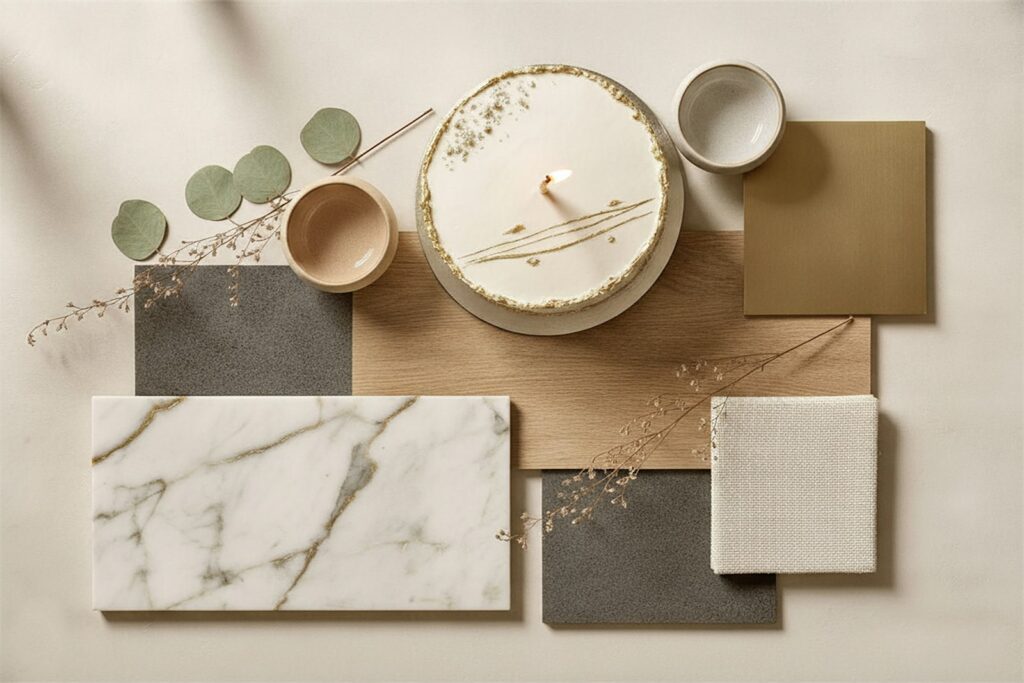 Neutral material samples arranged around a cake with a candle, for collecting home design ideas