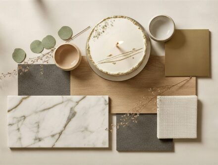Neutral material samples arranged around a cake with a candle, for collecting home design ideas