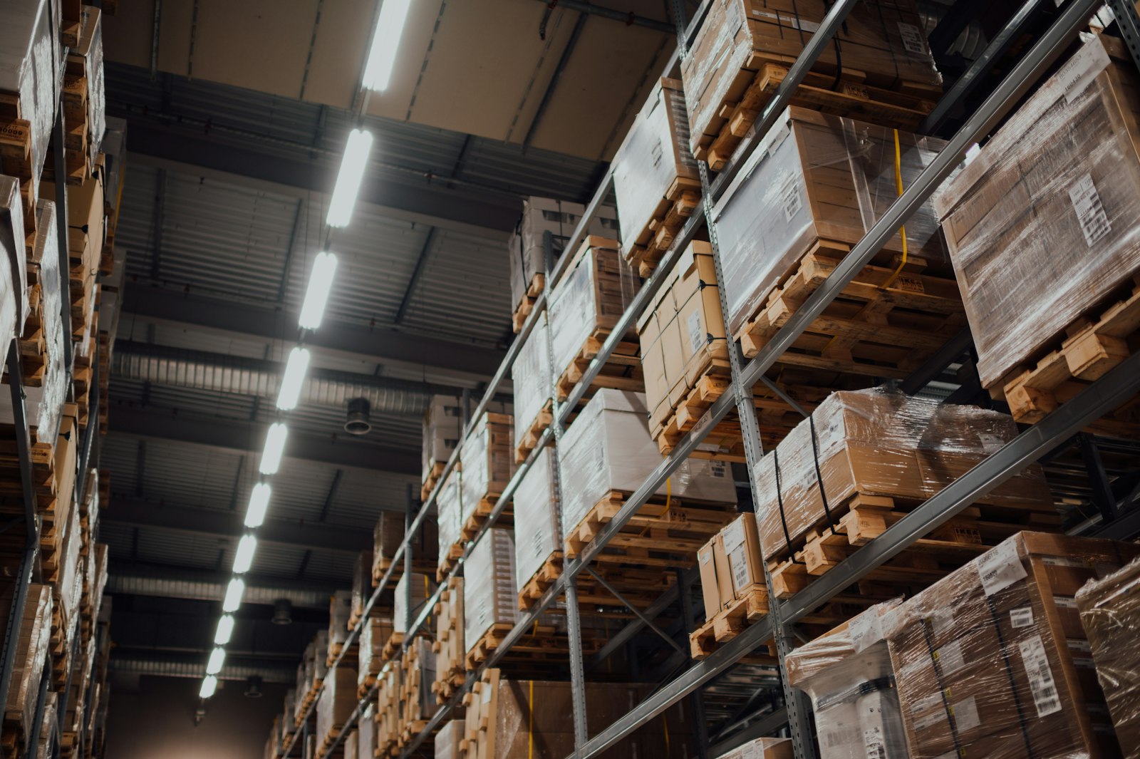 Brown cardboard boxes stored on a white metal rack, raised off the floor